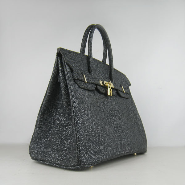 High Quality Fake Hermes Birkin 35CM Pearl Veins Leather Bag Black 6089 - Click Image to Close